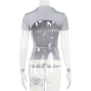 Short sleeve crewneck self tie backless top