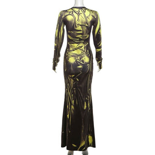 Long sleeve crewneck ruched print maxi dress