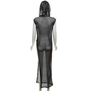 Hoodie sleeveless fishnet slit top