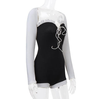 Long sleeve lace up shrug ribbed contrast 2 piece romper