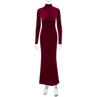 High neck long sleeve velvet ruched maxi dress