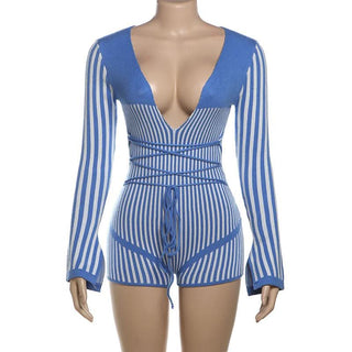Slit long sleeve deep V neck striped self tie romper