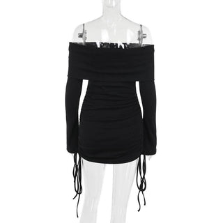 Long flared sleeve off shoulder drawstring mini dress