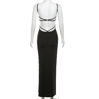 Lace up backless slit solid cami maxi dress