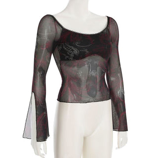 Long flared sleeve abstract mesh top
