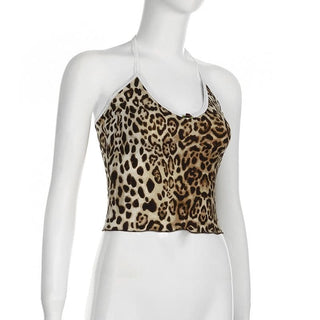 Leopard print halter v neck flower applique cami top