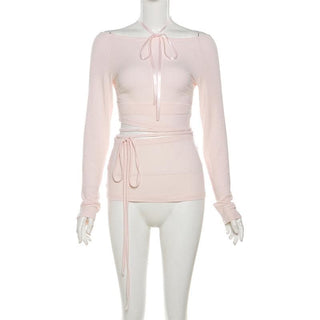 Long sleeve halter ribbon round neck top