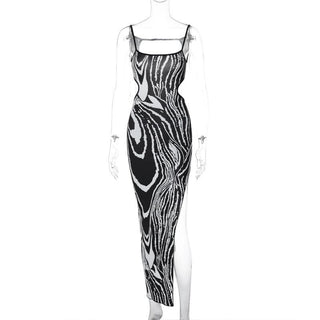 Zebra print contrast irregular slit hollow out backless cut out midi dress