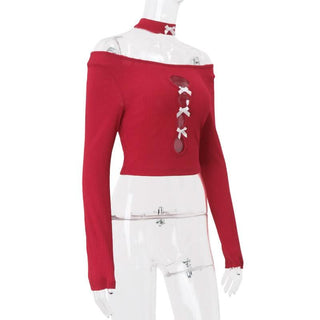 Long sleeve hollow out bowknot off shoulder cut out top