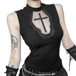 Sleeveless crewneck cross pattern solid top