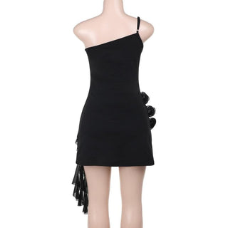 One shoulder ruffle flower applique mini dress
