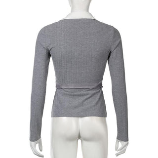 Turnover collar long sleeve ribbed belt top