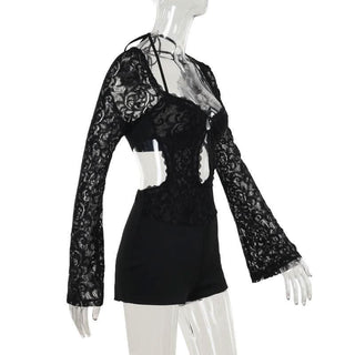 Long sleeve halter self tie lace hollow out romper