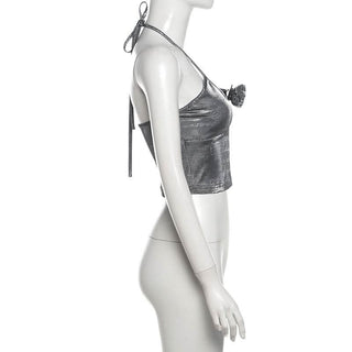 Self tie halter flower applique backless top