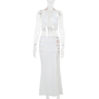 Halter hollow out slit self tie irregular cut out midi skirt set