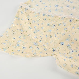 Cap sleeve v neck print bowknot lace hem top
