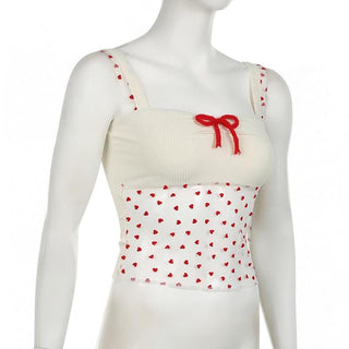Bowknot ribbed heart pattern mesh cami top