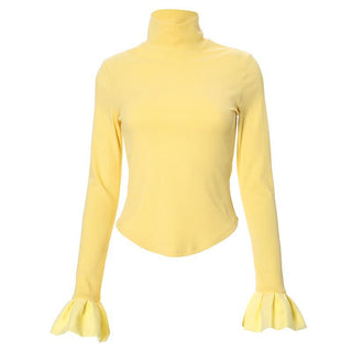 High neck long flared sleeve ruched ribbed solid top