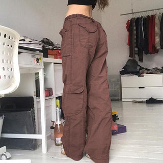 Tie waist pocket button solid straight leg cargo jeans