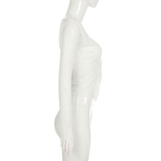 Long sleeve lace ruffle irregular self tie top