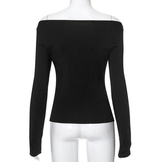 Long sleeve off shoulder buckle hollow out contrast cut out top