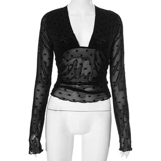 Long sleeve mesh polka dot ruffle solid top