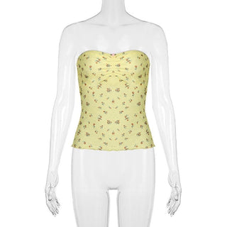 Ruched ruffle print flower applique tube top