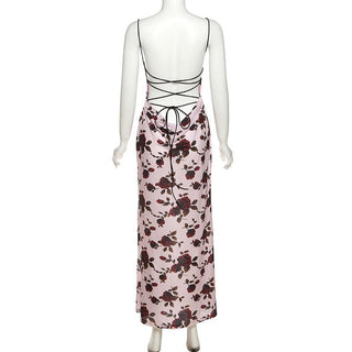 Flower print low cut spaghetti strap contrast lace up backless midi dress