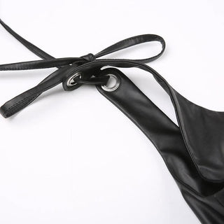 Square neck self tie PU leather o ring zip-up sleeveless crop top - Final Sale-final-sale