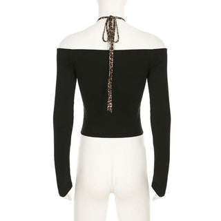 Halter off shoulder bowknot leopard print top