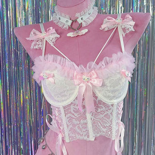 Sweetheart neck bustier bowknot "Hello Kitty" pattern cami top