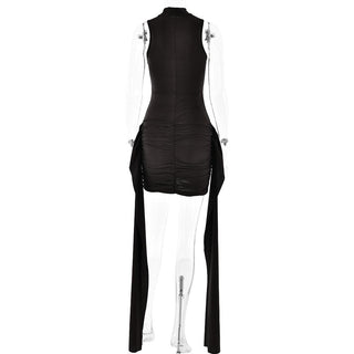 High neck ruffle ruched solid mini dress
