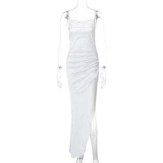 Lace satin patchwork irregular high slit ruched cami maxi dress