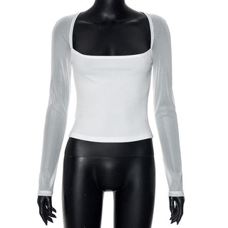 Long sleeve square neck ribbed patchwork top