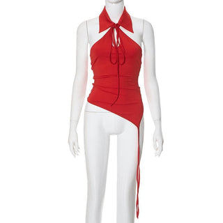 Halter turnover collar irregular button backless top