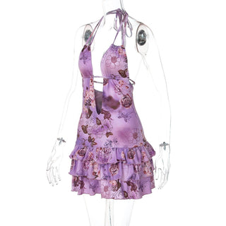 Deep v neck halter flower print ruffle mini dress