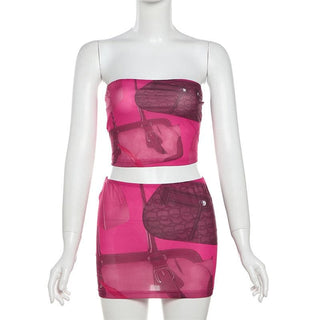 Print backless tube mini skirt set