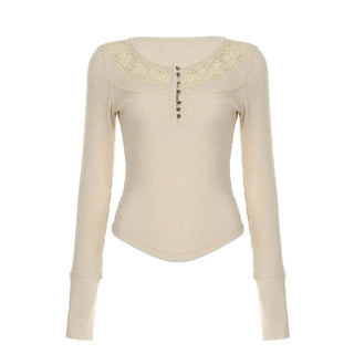 Round neck long sleeve lace ribbed solid top