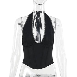 Halter self tie lace hem deep V neck corset top