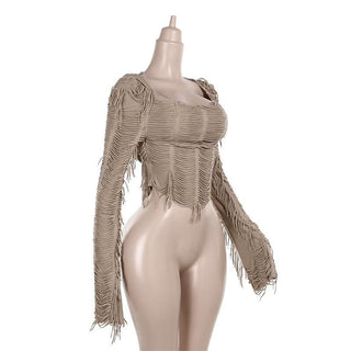 Long sleeve tassels hoodie irregular solid top