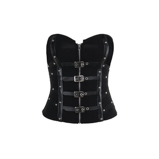 PU leather patchwork buckle zip-up tube top