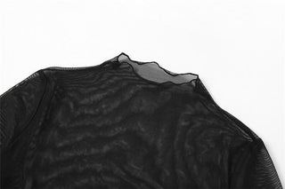 Long sleeve mesh high neck ruffle self tie solid 2 piece crop top