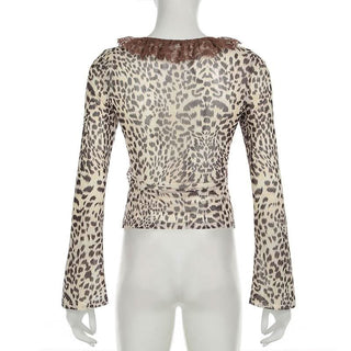 Long sleeve mesh lace hem leopard print self tie top