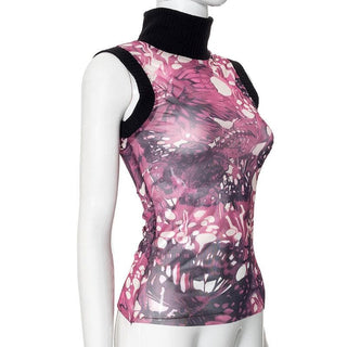 Sleeveless high neck butterfly print mesh top