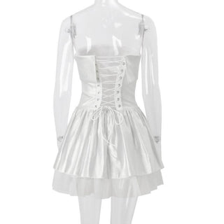 Off shoulder glitter mesh ruffle mini dress