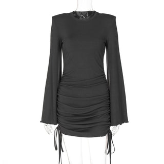 Long flared sleeve crewneck padded drawstring mini dress