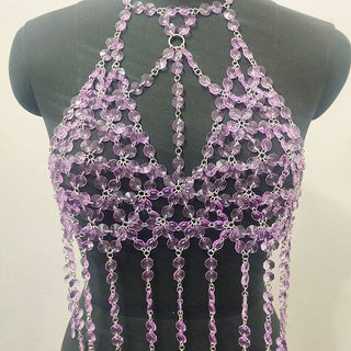 Halter o ring hollow out crystal tassels cut out top