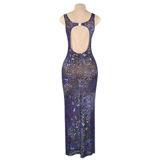 Print u neck hollow out sheer mesh cami cut out maxi dress
