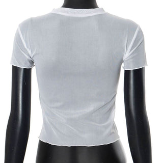 Short sleeve crewneck sheer mesh letter print crop top
