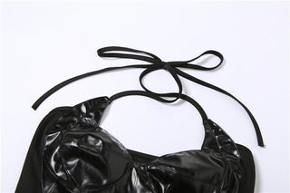 Sleeveless cross front PU leather halter self tie backless crop top